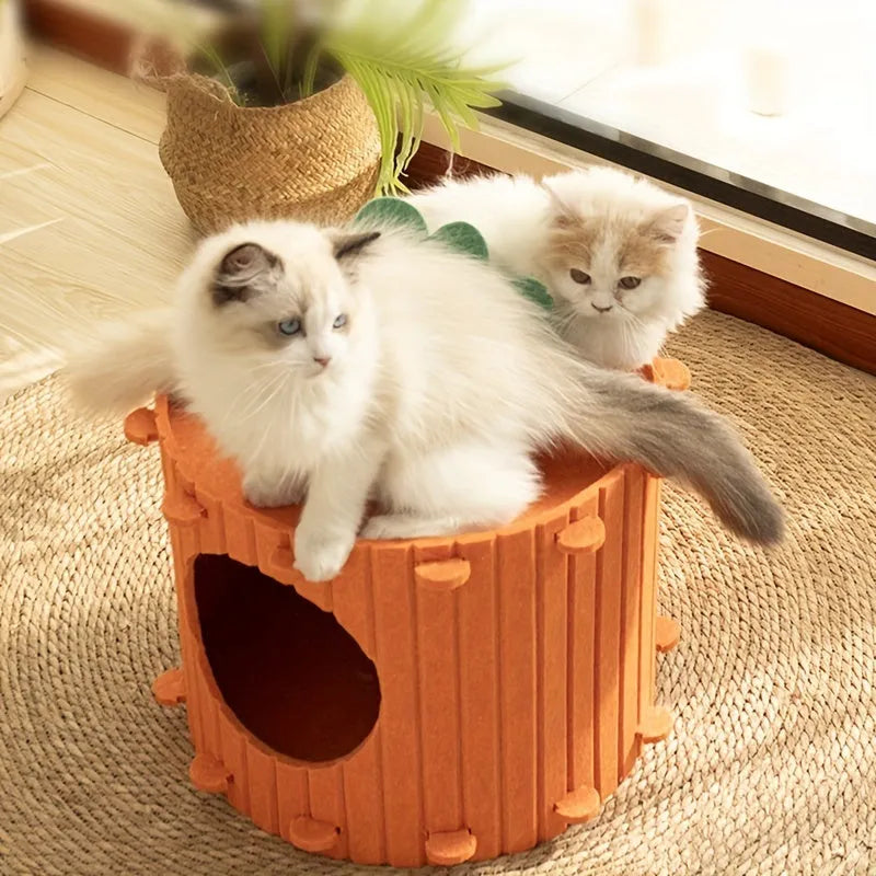 Carrot-shaped felt cat tunnel nest with semi-enclosed design and drilled pattern