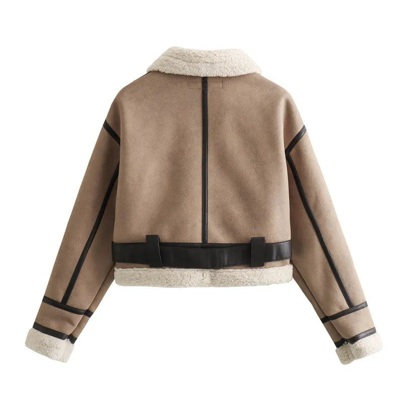 Women's loose long sleeve lamb wool splicing coat in khaki, with zipper front, on display as casual outerwear