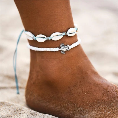 Green and blue star fish anklet for women, beach foot jewelry
