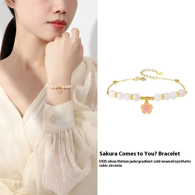 Pink 925 silver cherry blossom pendant bracelet with gradient epoxy finish and Hetian jade beads