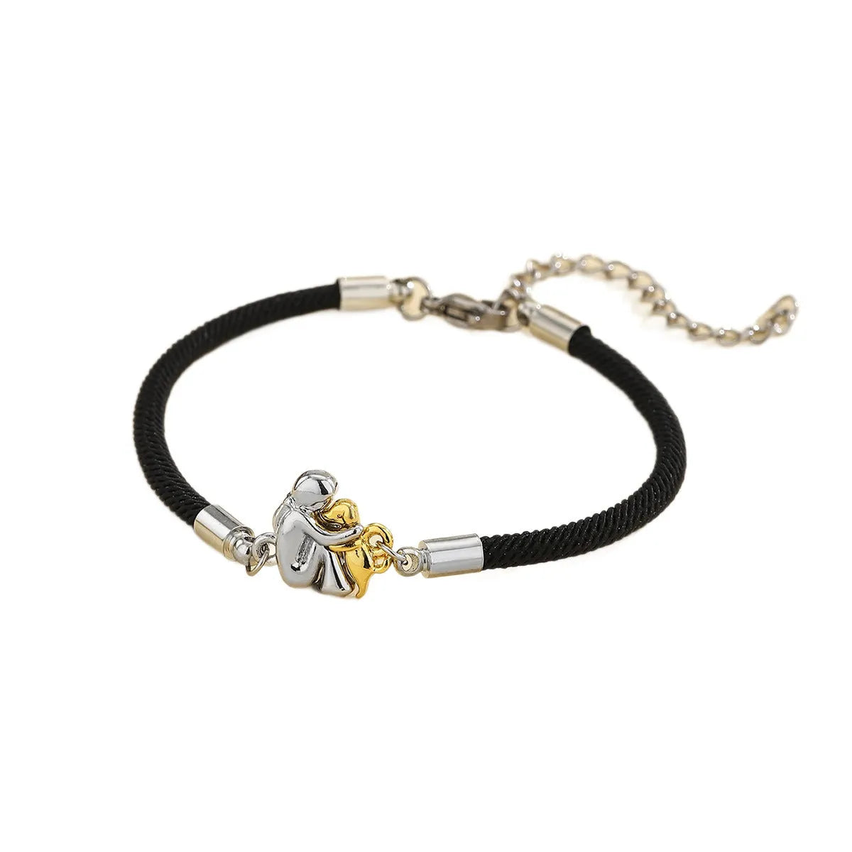 Woven black flexible wire couple bracelet with angel element and electroplated finish
