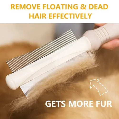 White double-sided pet grooming brush with curved comb and deshedding head on a 230mm handle.
