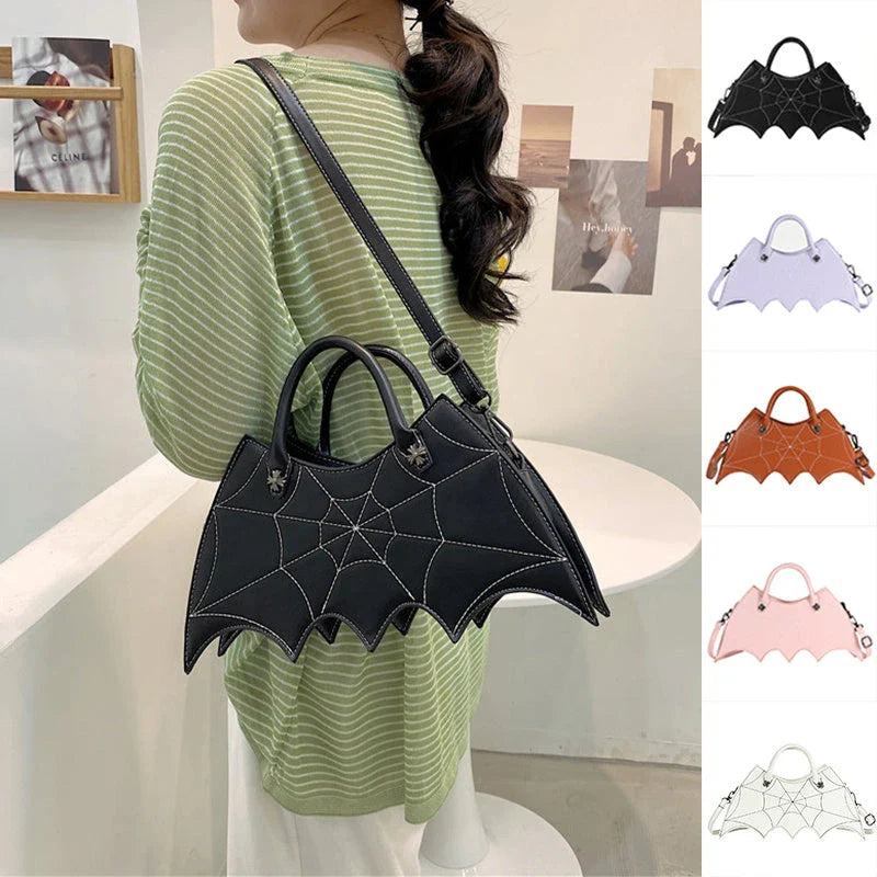 A stylish PU leather shoulder bag with a unique spider web and Batgirl-inspired design, available in a variety of vibrant colors.