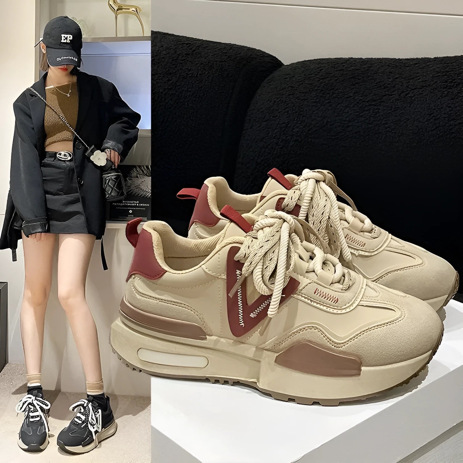 Women's black retro platform sports shoes with round toe and lace-up front on white background
