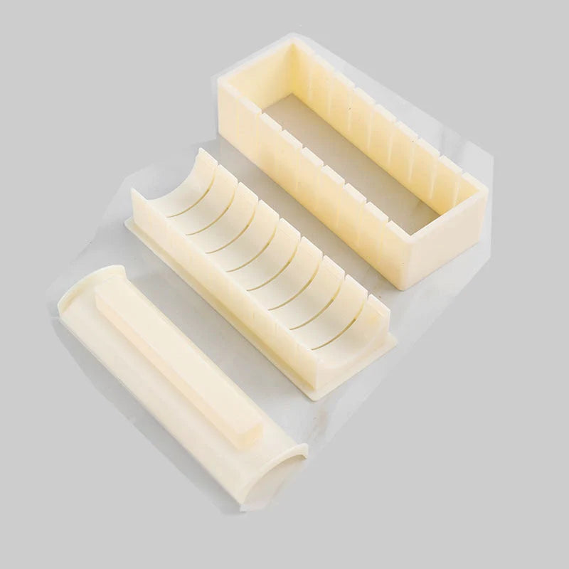 Plastic sushi making kit with 5 molds for creating heart, round, and square sushi shapes
