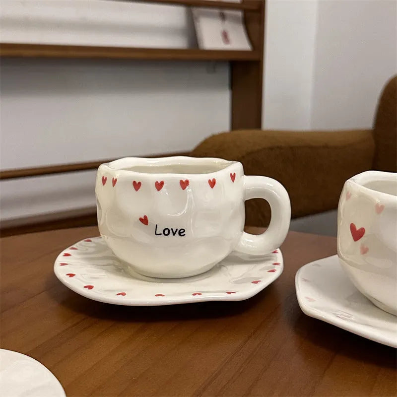 Korean ins style hand-painted ceramic cup and saucer set with red edge love cup floral pattern on saucer
