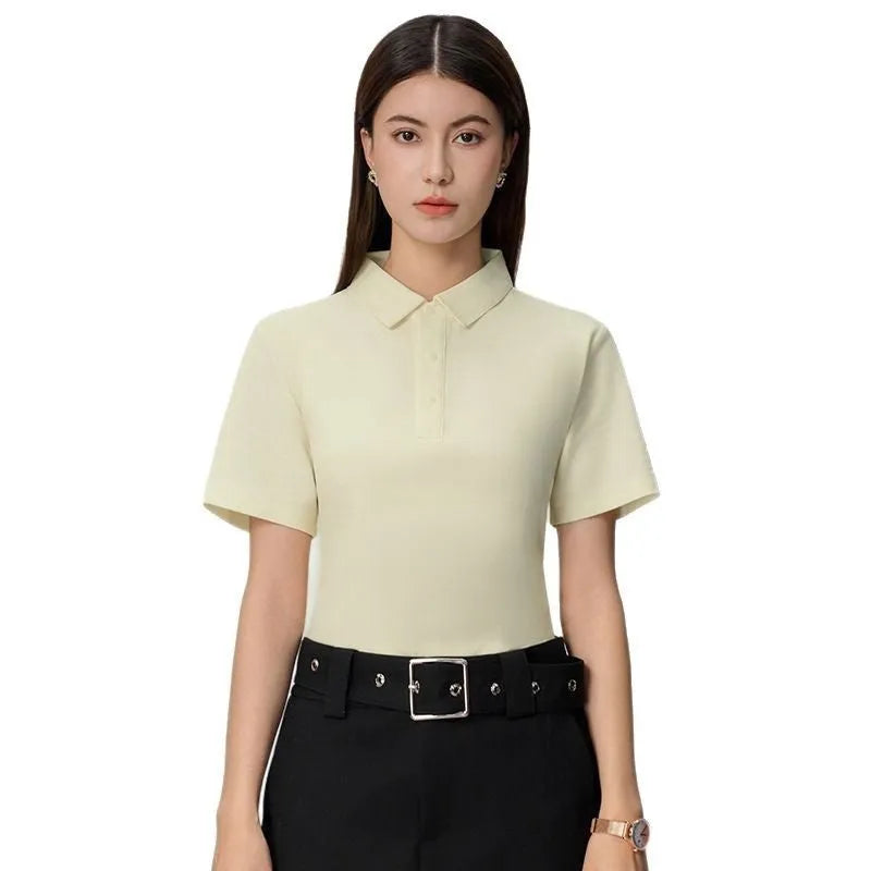 Short sleeve lapel polo shirt in a solid colour with seamless design on a hanger.