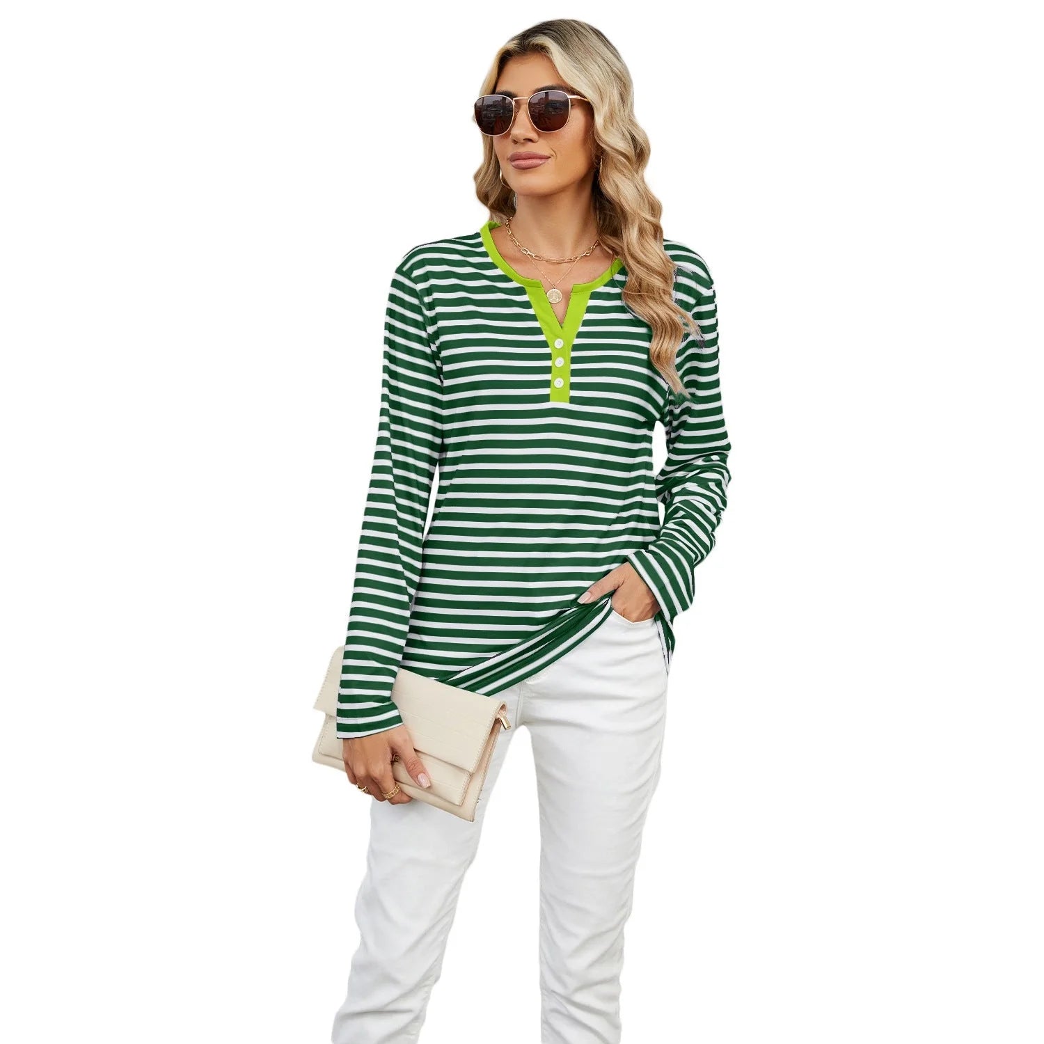 Women's V-neck striped loose long-sleeved t-shirt in various colours