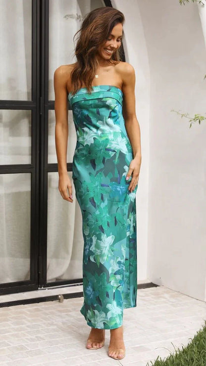 Summer tube top long dress with backless design and flowers print, available in multiple colours