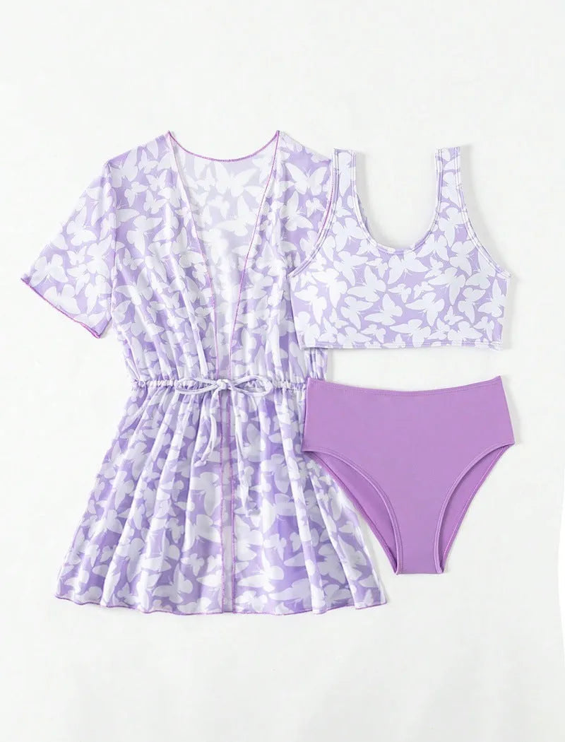 Girls' three piece split swimsuit cover print set in polyester for swimming.