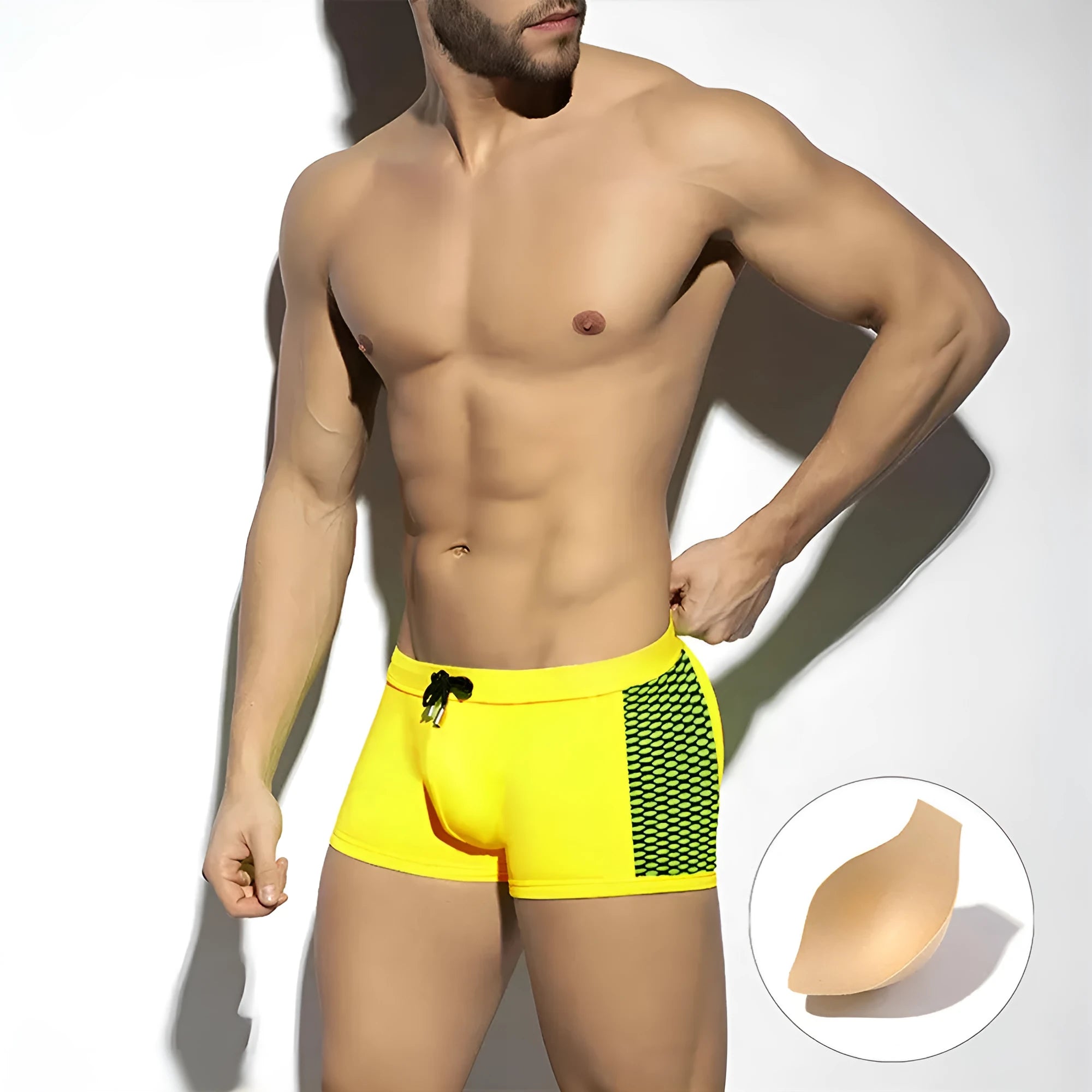 Men's polka dot print quick-drying swimming boxers in black, dark blue and yellow colour options