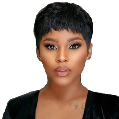 Black short hair mechanism wig on display stand showing synthetic fibre texture and cap construction