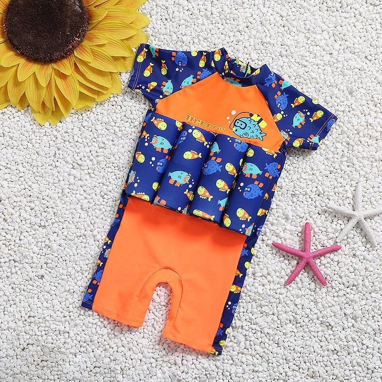 Red children's buoyancy swimsuit with dinosaur cartoon pattern for toddlers aged 1-7 years