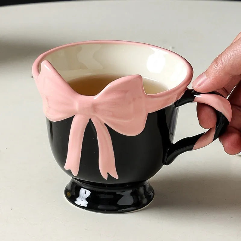 Original design girl heart bow ceramic mug in white powder or black pink colour, 301-400ml capacity