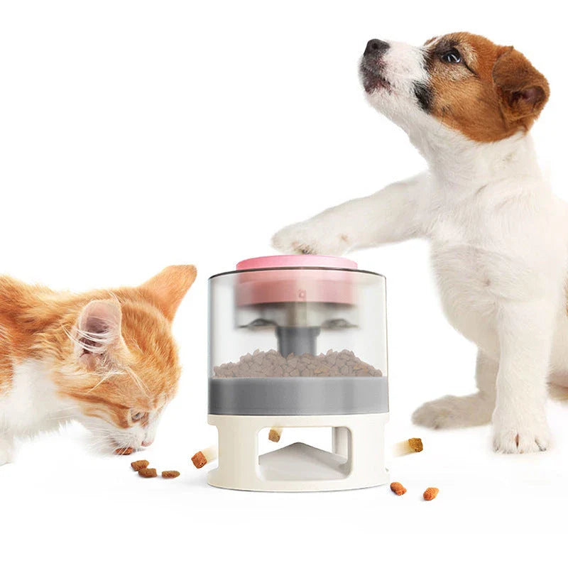 Interactive dog food feeder with anti-slip base in white and yellow
