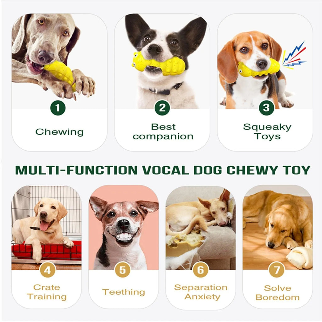 Indestructible squeaky dog chew toy for aggressive chewers in green and yellow food grade material