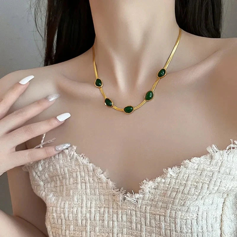 Boho green stone crystal snake chain multilayer necklace and bracelet set for women