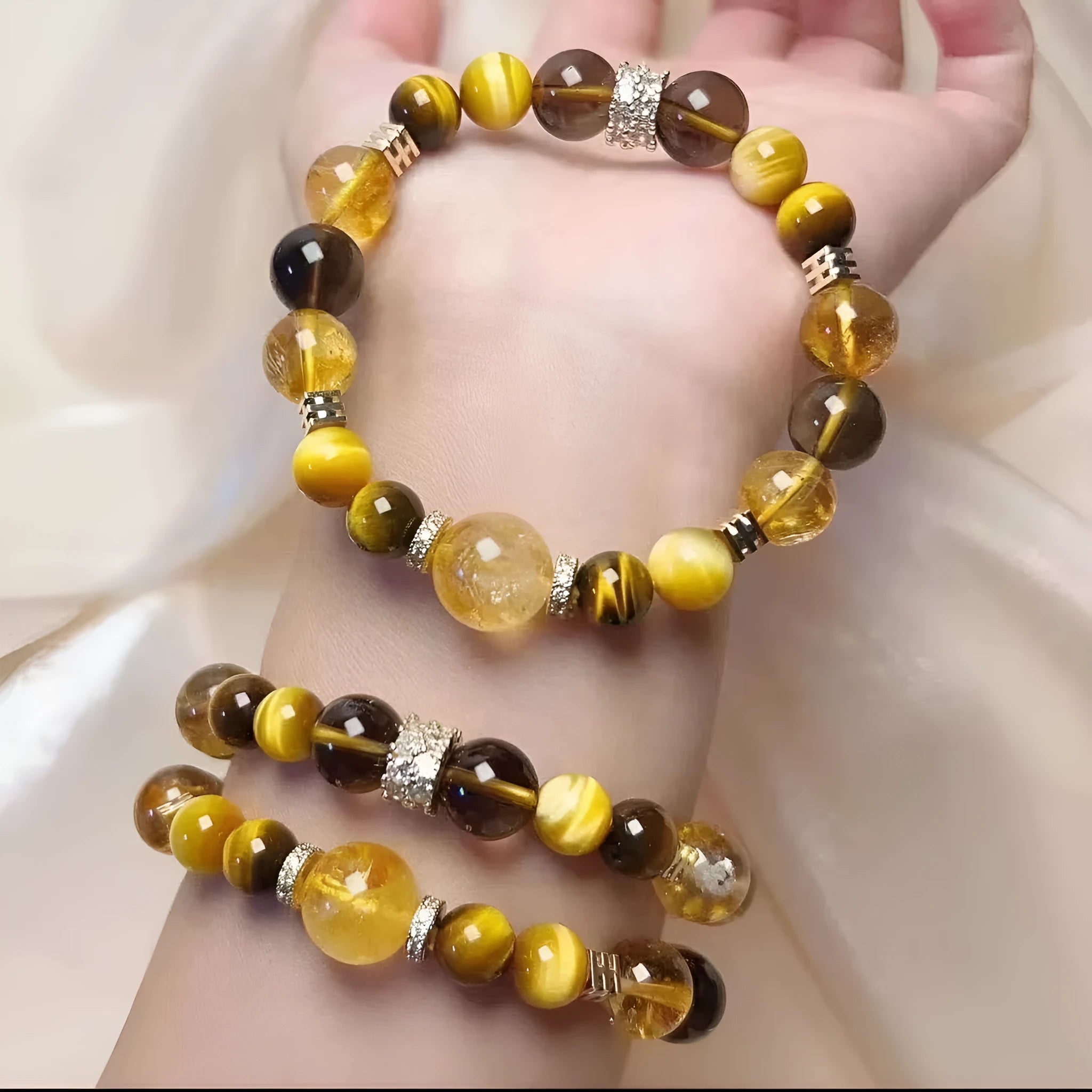 Natural yellow artificial crystal bracelet with 10mm tower beads on wrist