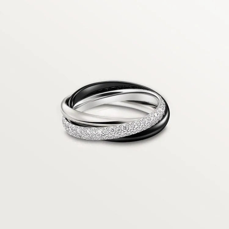 Sterling silver couple ring set showing full diamond, three diamond, and plain band options on a ring tray.