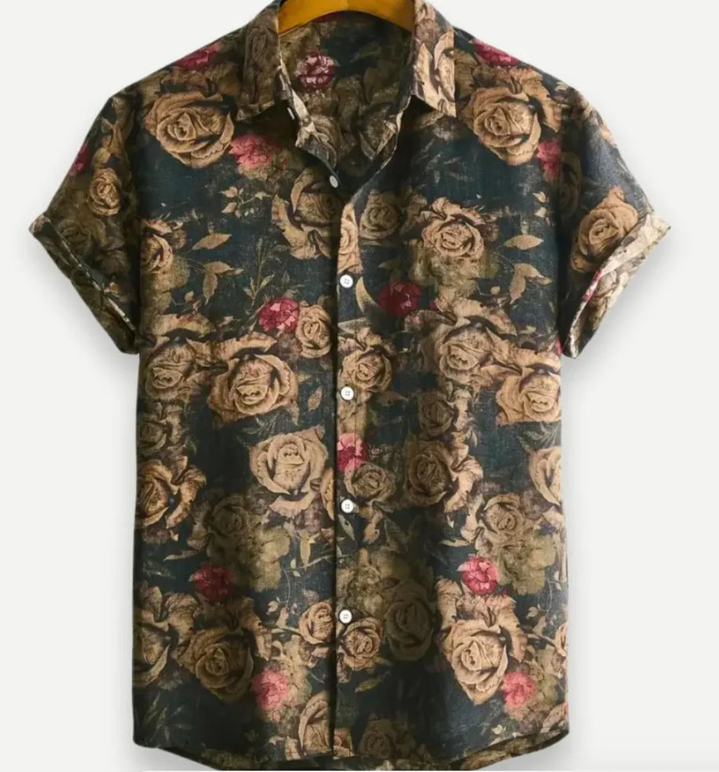 Hawaiian floral print short sleeve shirt with lapel collar in elastic polyester fabric.