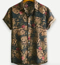 Hawaiian floral print short sleeve shirt with lapel collar in elastic polyester fabric.