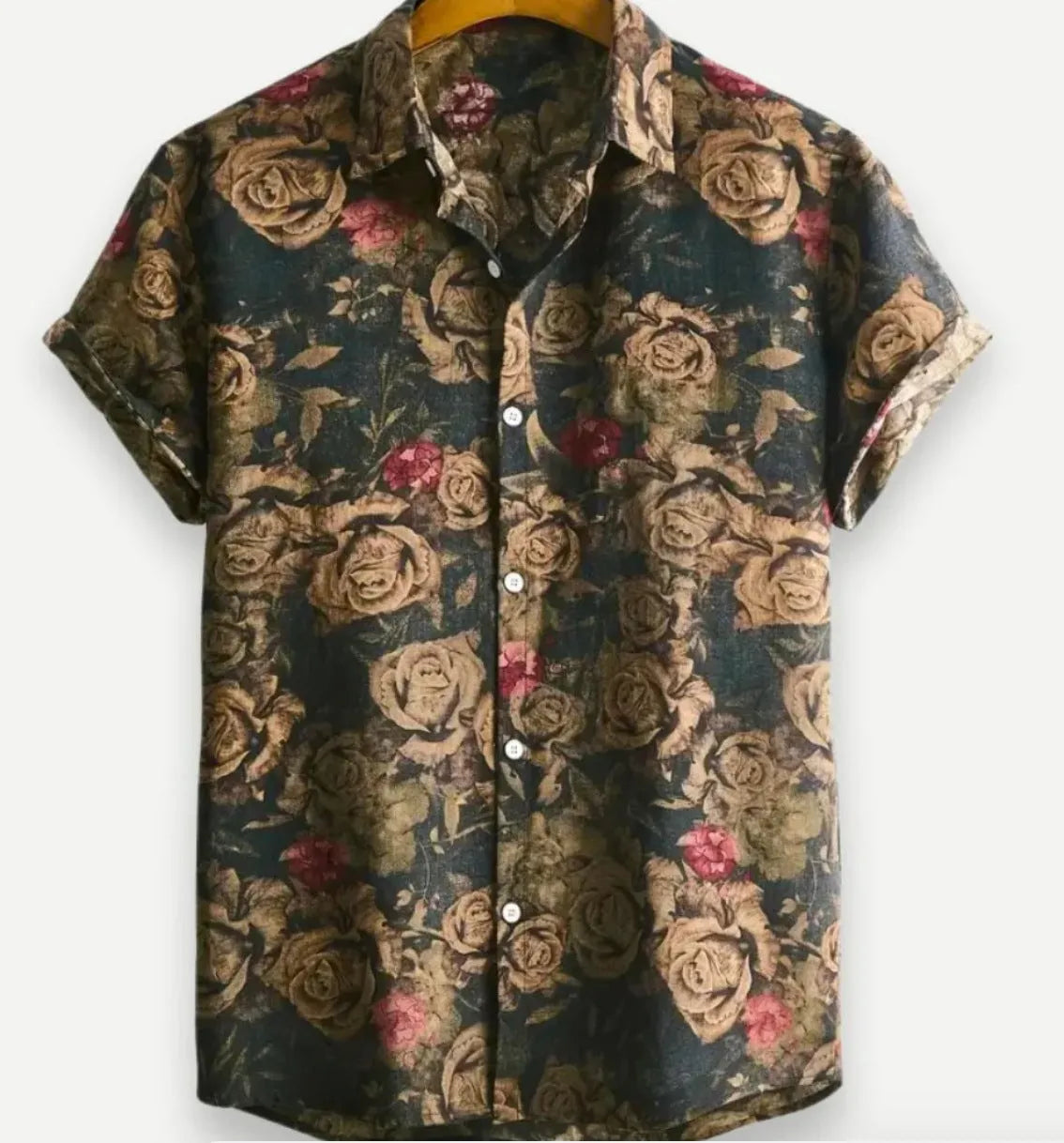 Hawaiian floral print short sleeve shirt with lapel collar in elastic polyester fabric.