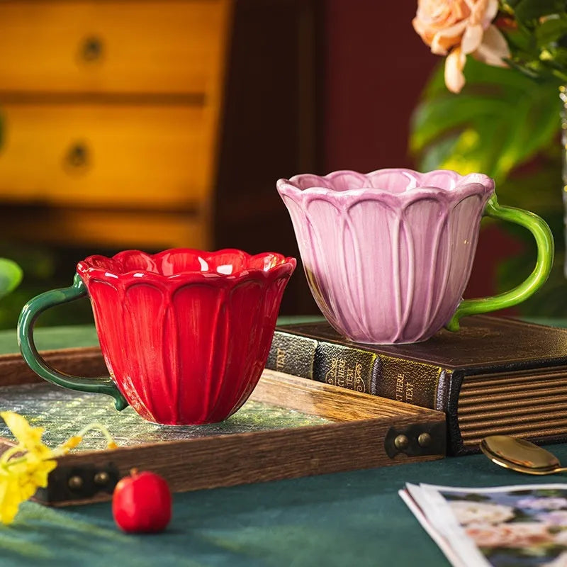 Ceramic breakfast cup with pastoral pattern, 500ml capacity, shown with handle.