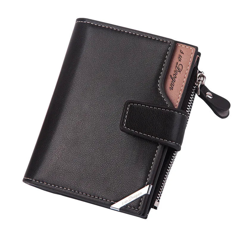 Men's short PU leather wallet with zipper buckle, 12.5x9.8cm, multiple card compartments, colour black