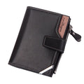 Men's short PU leather wallet with zipper buckle, 12.5x9.8cm, multiple card compartments, colour black