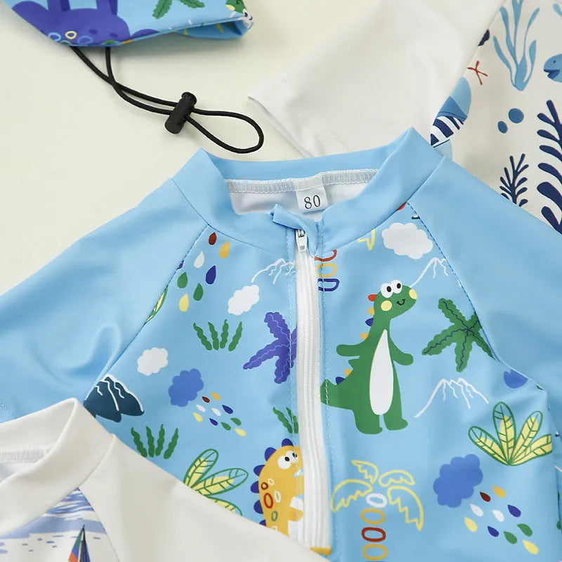 Children’s polyester jumpsuit swimsuit with hat in dark blue shark design, size 100