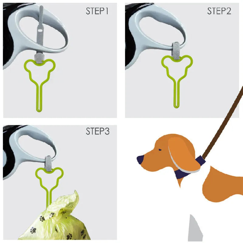 Dog poop bag holder with hands-free clip and hook and loop fastener for leash attachment