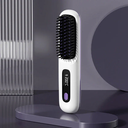 Cordless hair straightening brush with fast heating, long-lasting battery, and USB charging capabilities