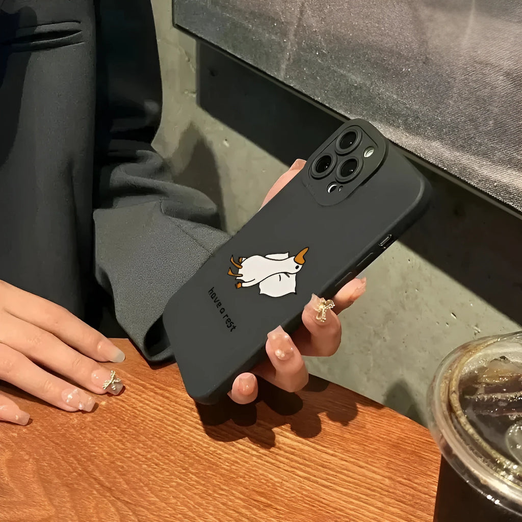 Creative cute cartoon duck silicone TPU phone case for Apple iPhone, black, white, blue, shockproof and anti-fingerprint