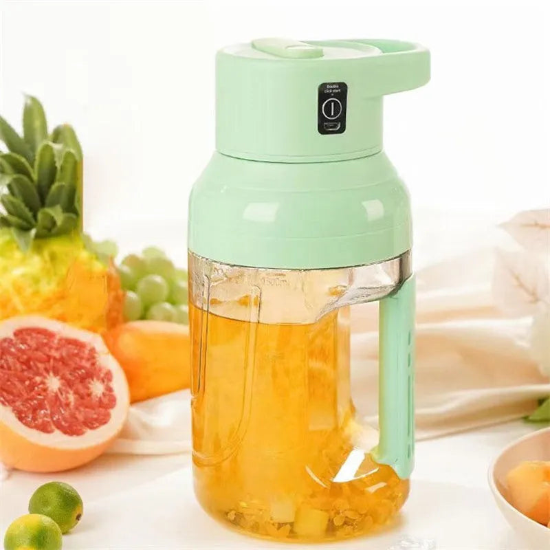 Portable electric juicer blender with 1500ml capacity, USB charging port, and eight steel blades