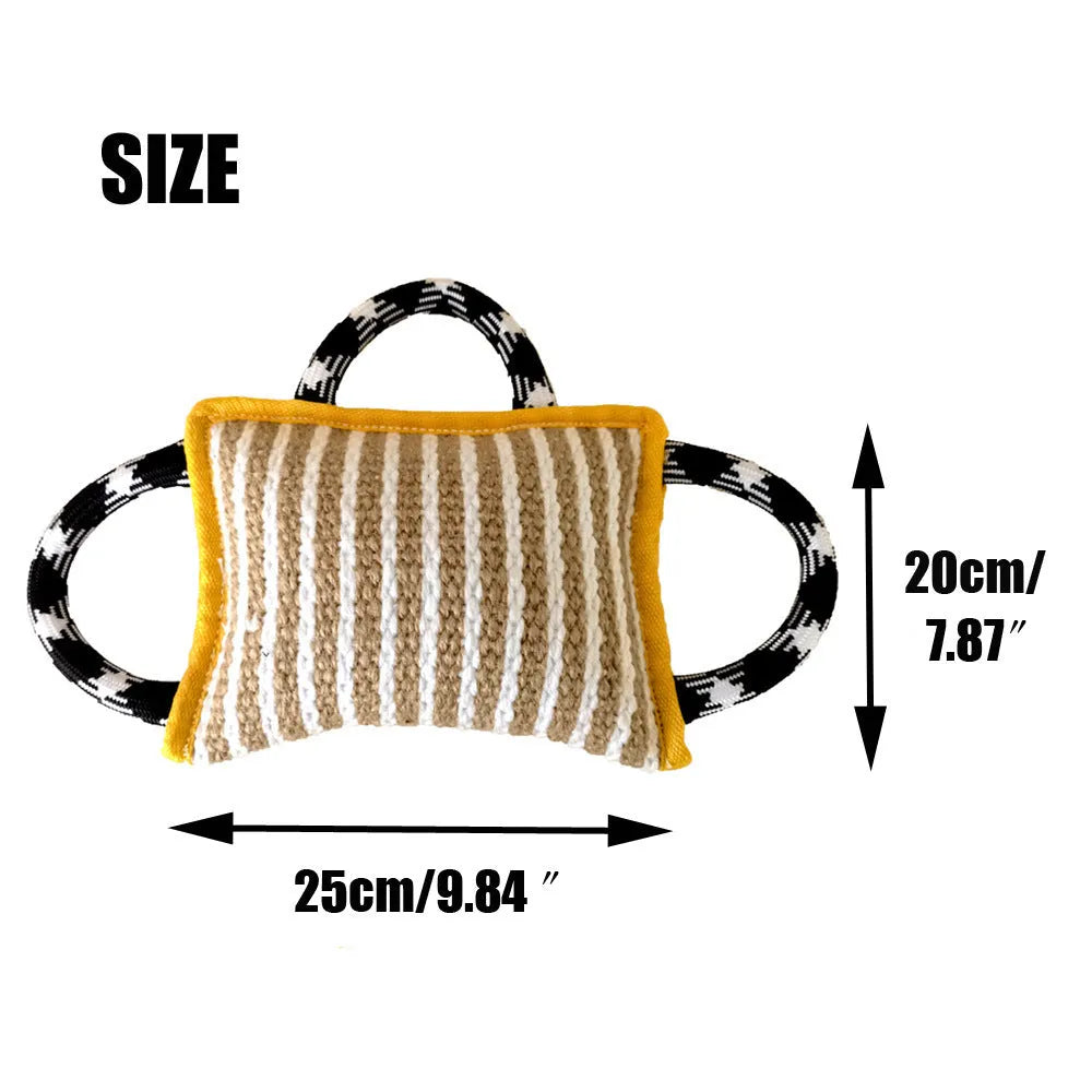 Jute bite pillow dog tug toy with three rope handles in various colours