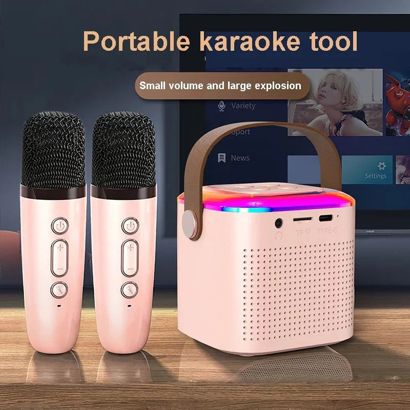 Portable karaoke machine with dual wireless microphones and RGB lighting