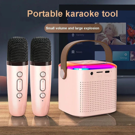 Portable karaoke machine with dual wireless microphones and RGB lighting