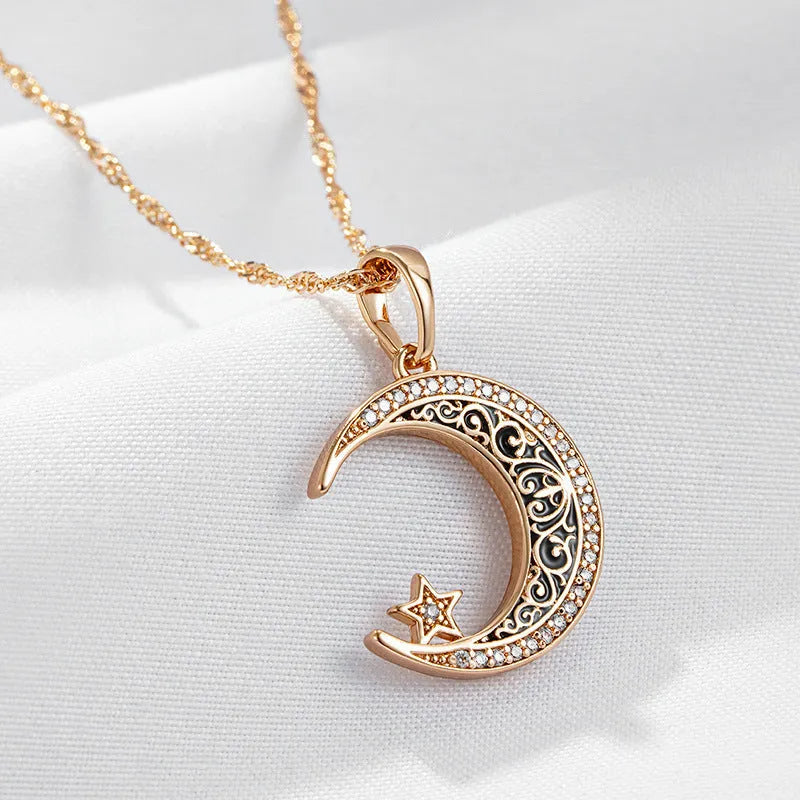 Rose gold star moon pendant necklace with enamel and zircon on adjustable water wave chain