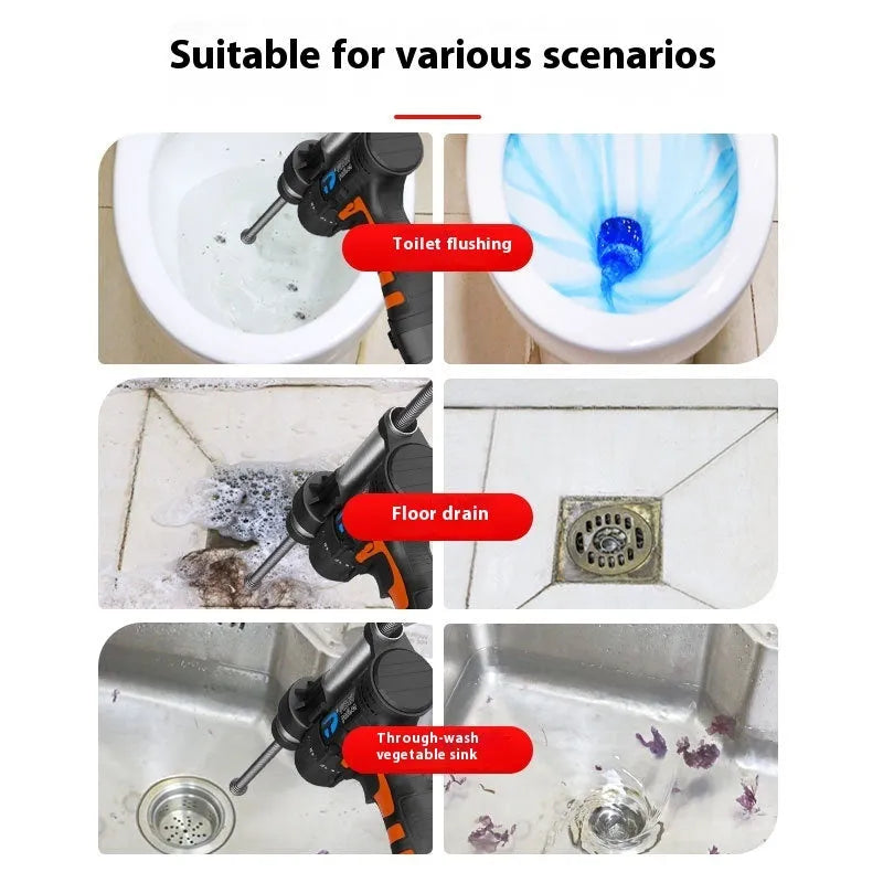 Electric pipe drainage facility with 16.8V motor and 7.5-metre steel wire cable for clearing toilet and kitchen sewer blockages