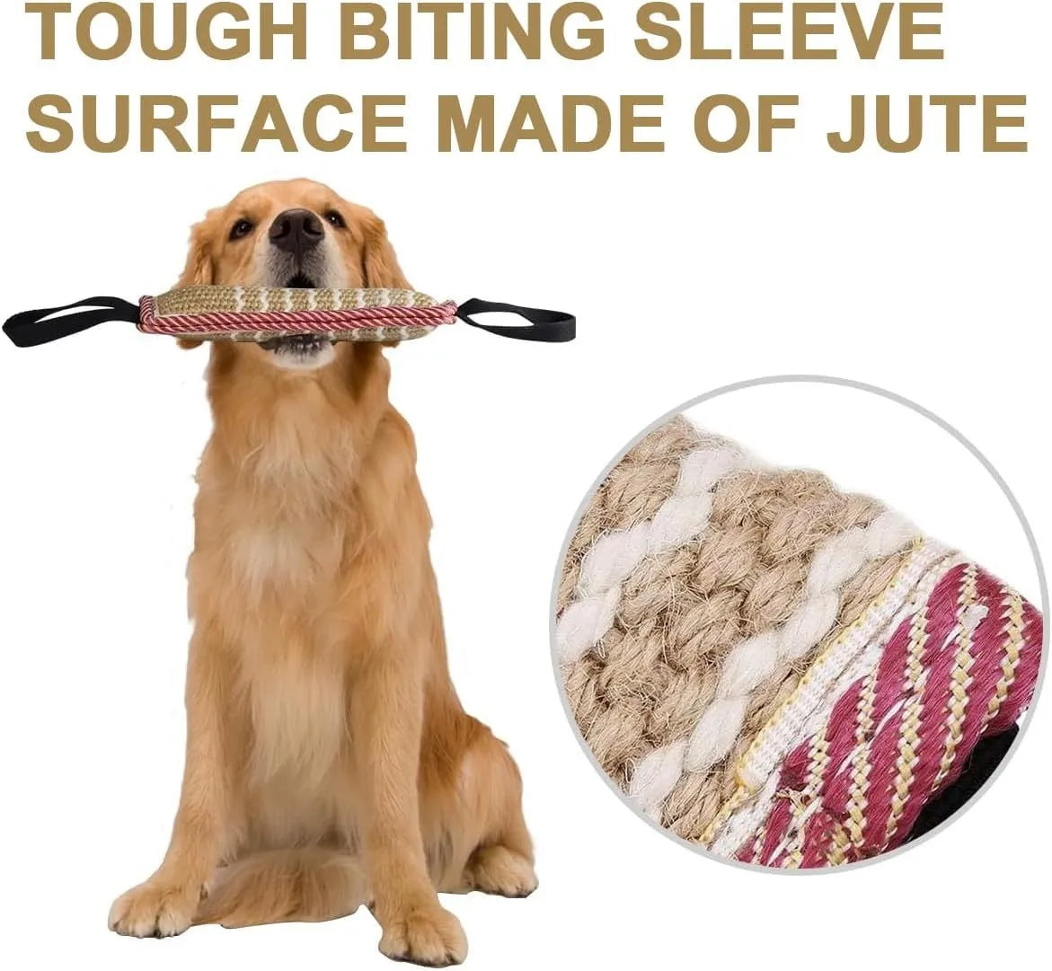 Beige jute dog tug toy with two fabric handles for interactive tug-of-war games.