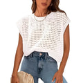 White loose fit pullover sweater with textured crochet sleeves and round neck