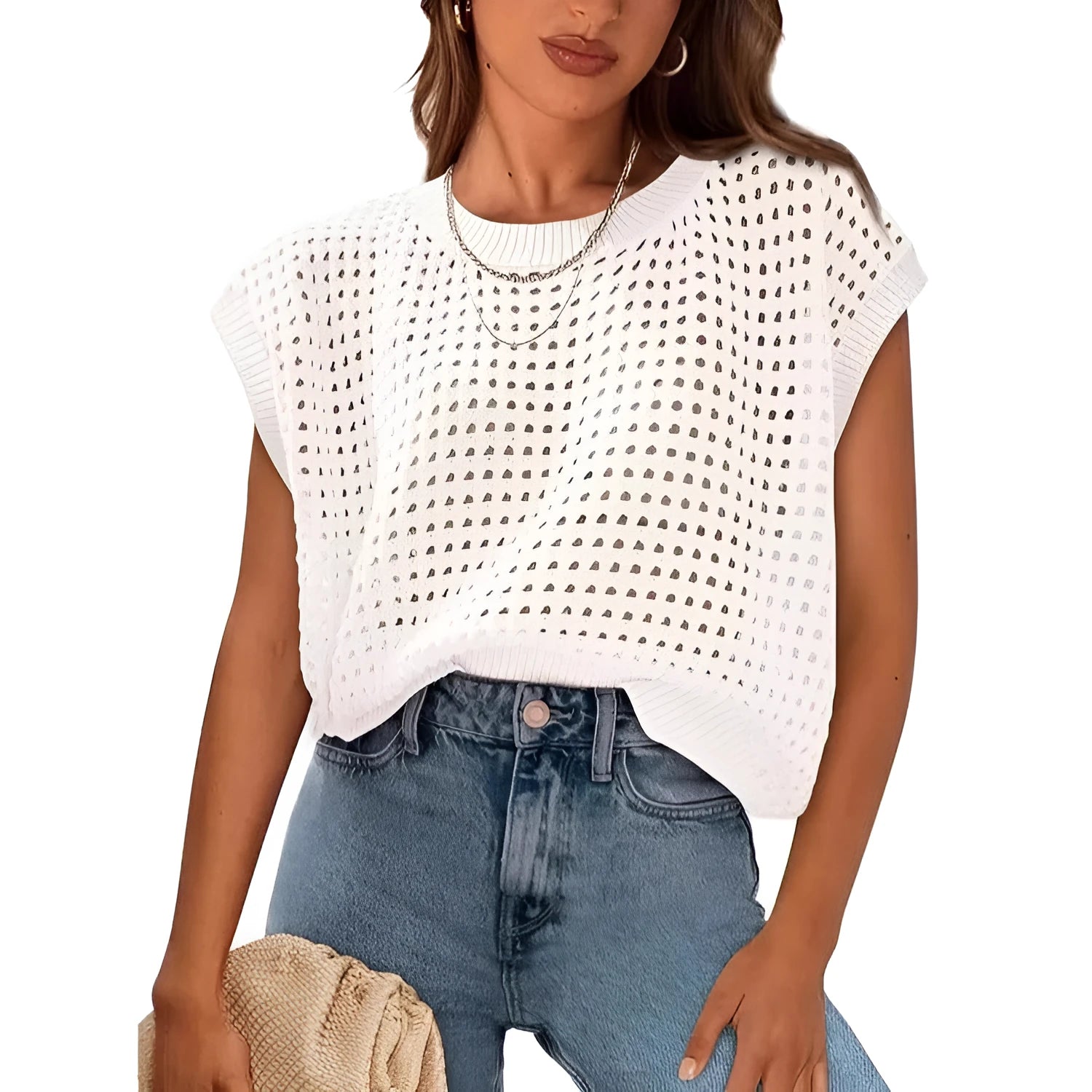 White loose fit pullover sweater with textured crochet sleeves and round neck