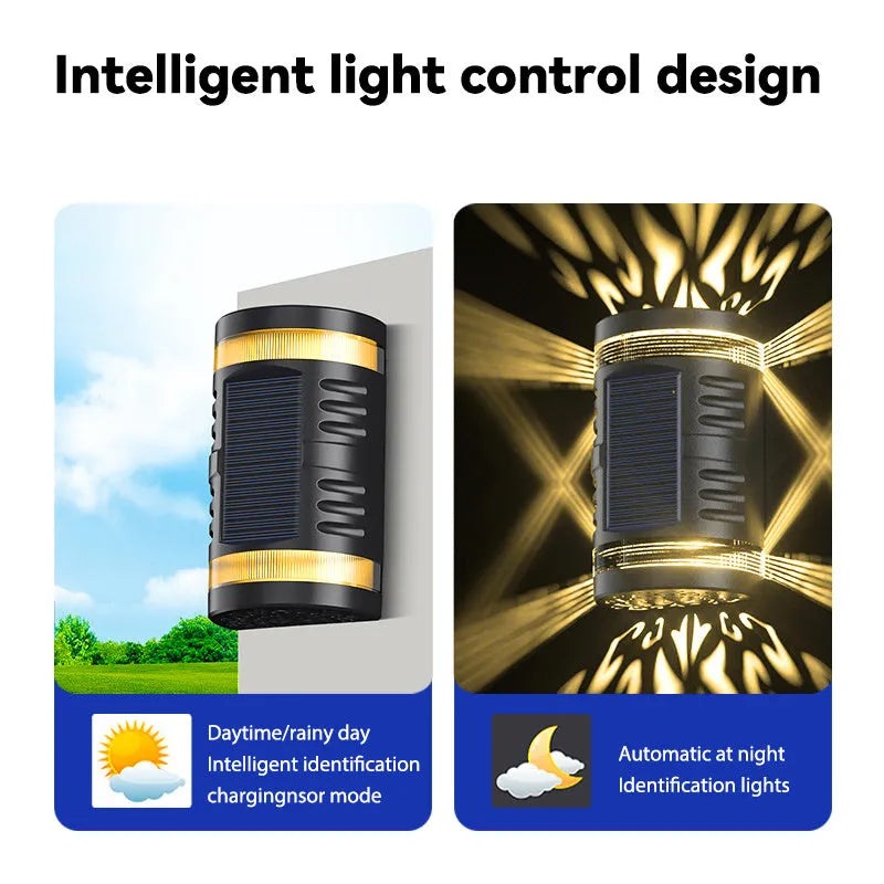 Solar wall light with ABS housing, 80 lumens, warm light projection effect for outdoor garden use