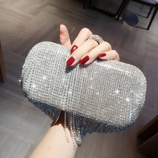 Silver fringed ladies handbag 18cm high with diamond rhinestones and 60-80cm chain strap for evening use