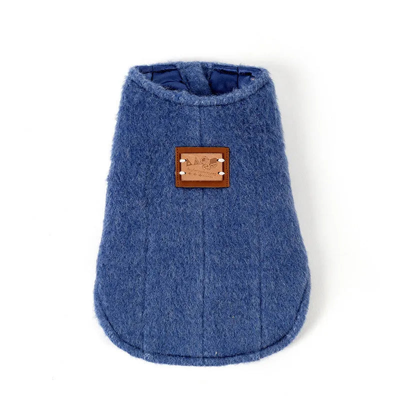 Small dog wearing a blue cashmere-print cotton vest for autumn and winter.
