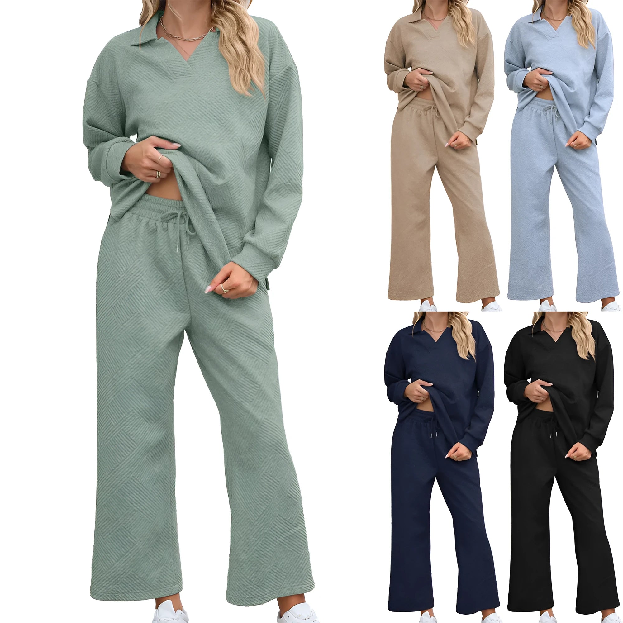 Women's solid colour knitted lapel sweater and elastic waist cropped trousers suit set laid flat.