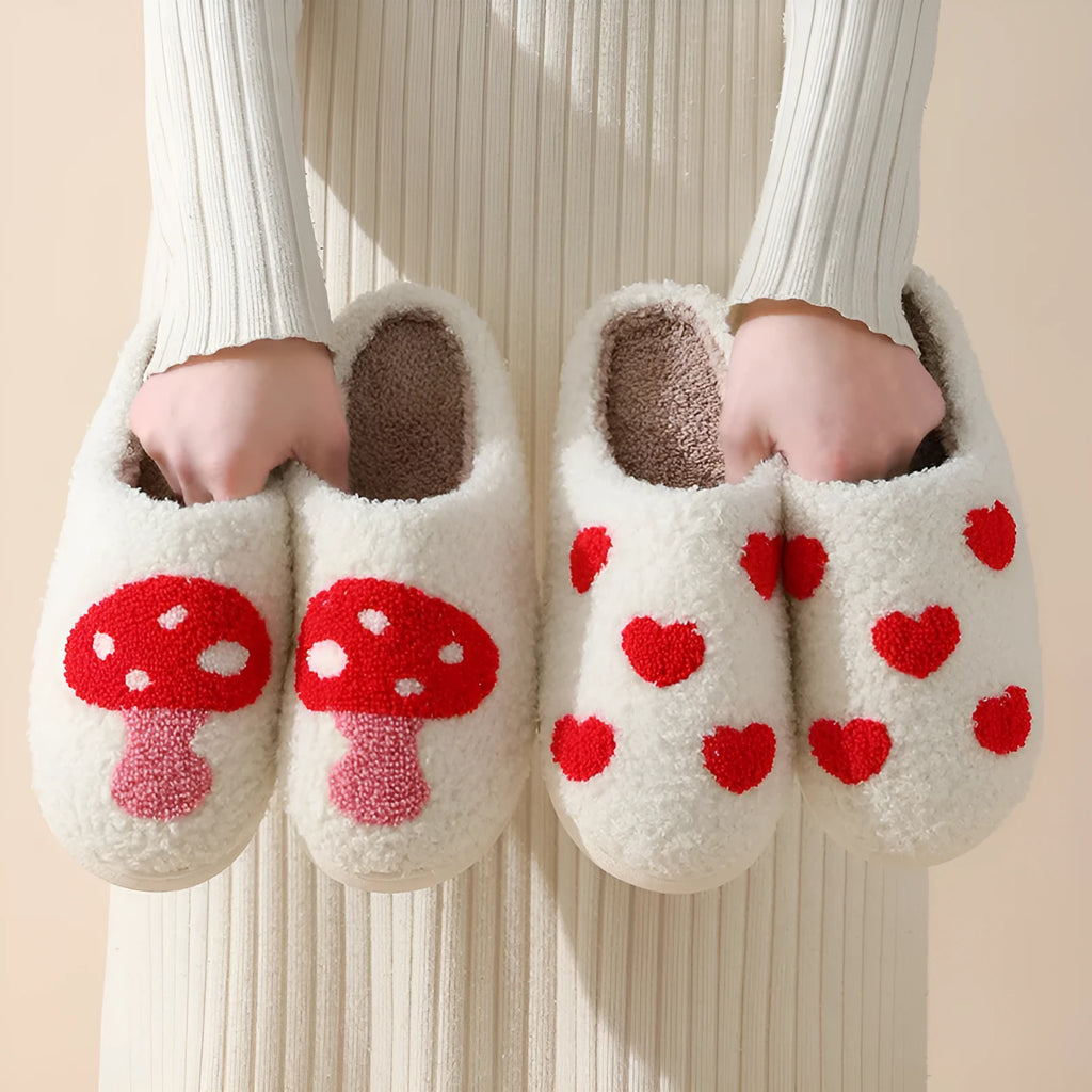 Women's plush home slippers with cartoon love design, round toe, and non-slip PVC sole