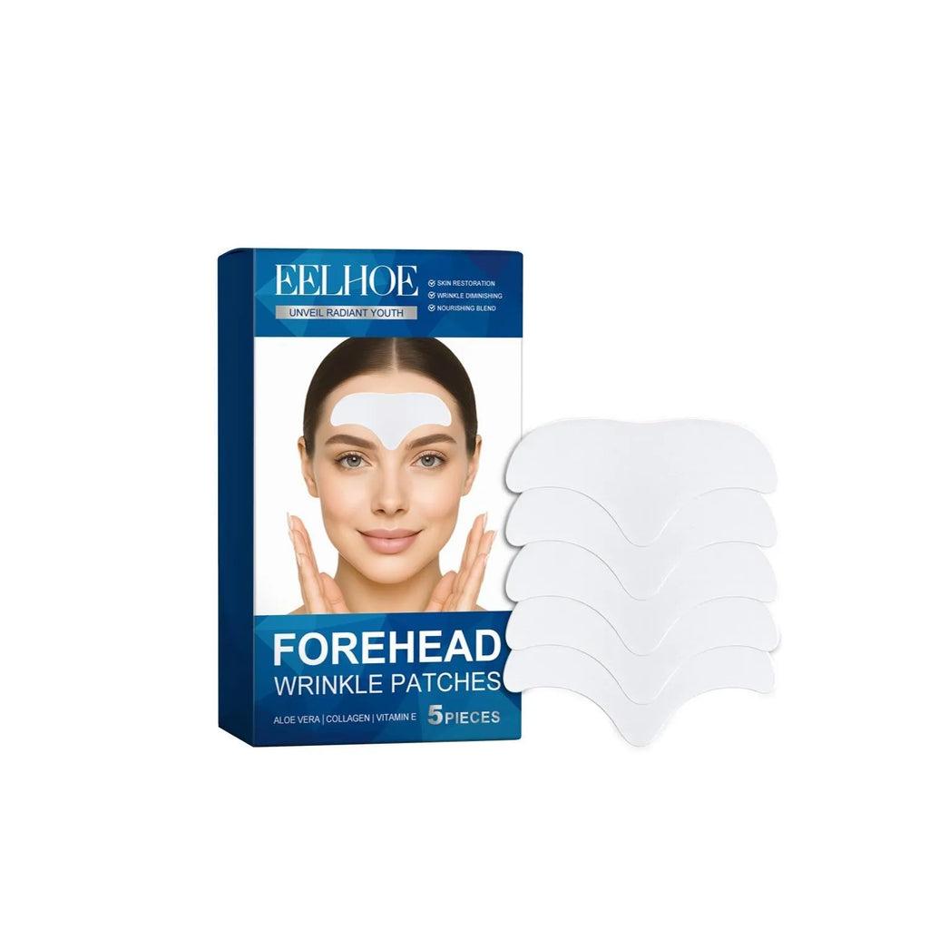 Pack of five white forehead skincare patches on non-woven fabric