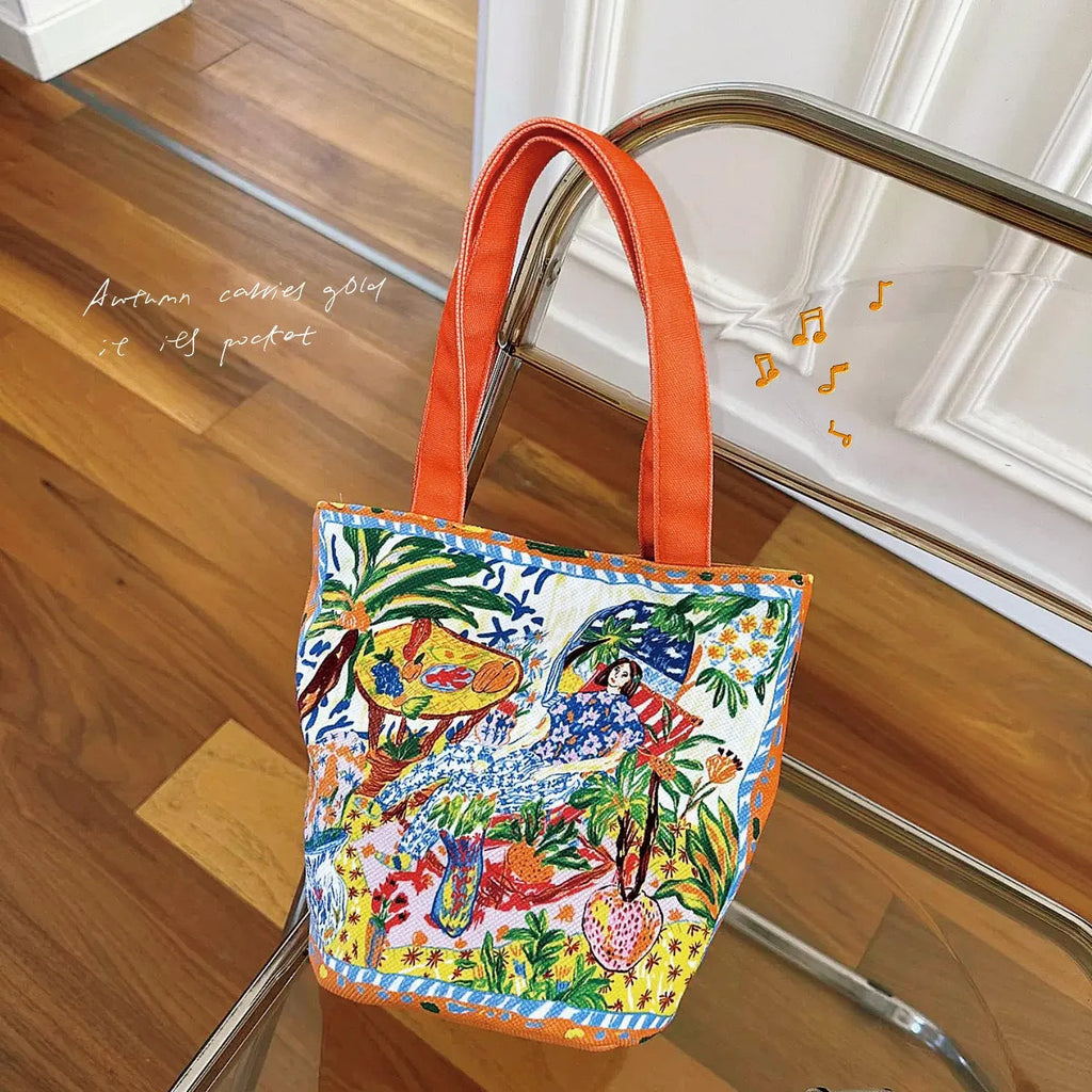Dream garden orange plush bucket handbag with canvas lining and internal zipper compartment