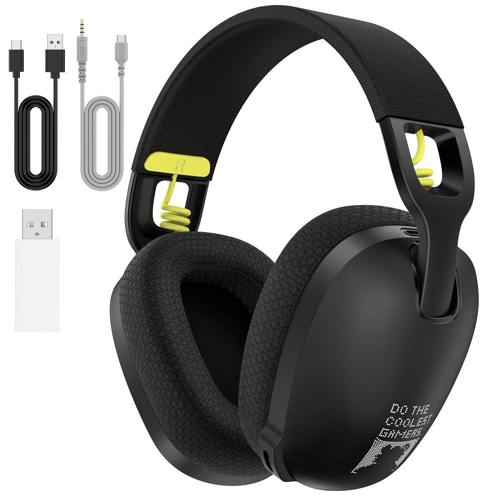 Wireless gaming headset in black colour with head-mounted design and ear cushions